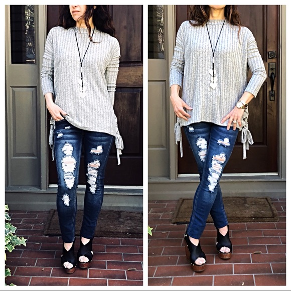 Soft brushed fabric side lace up L/sleeve top - Picture 6 of 8